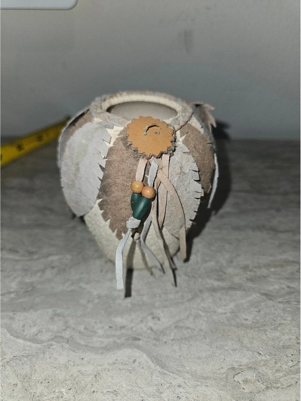 Small Handmade Decorative Basket Vase with Leather Leaf Accents